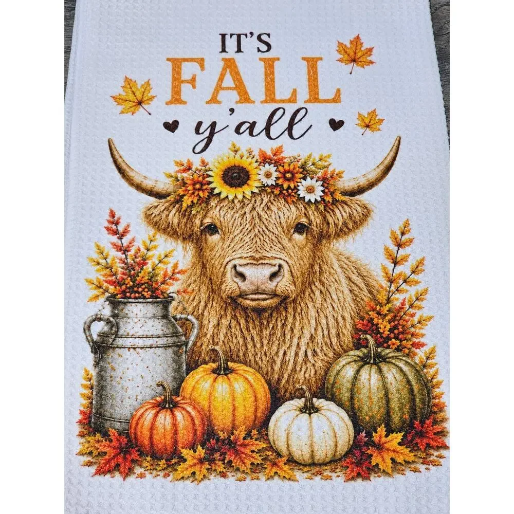 It's Fall Y'all Highland Cow Kitchen Towel Farmhouse Autumn Decor